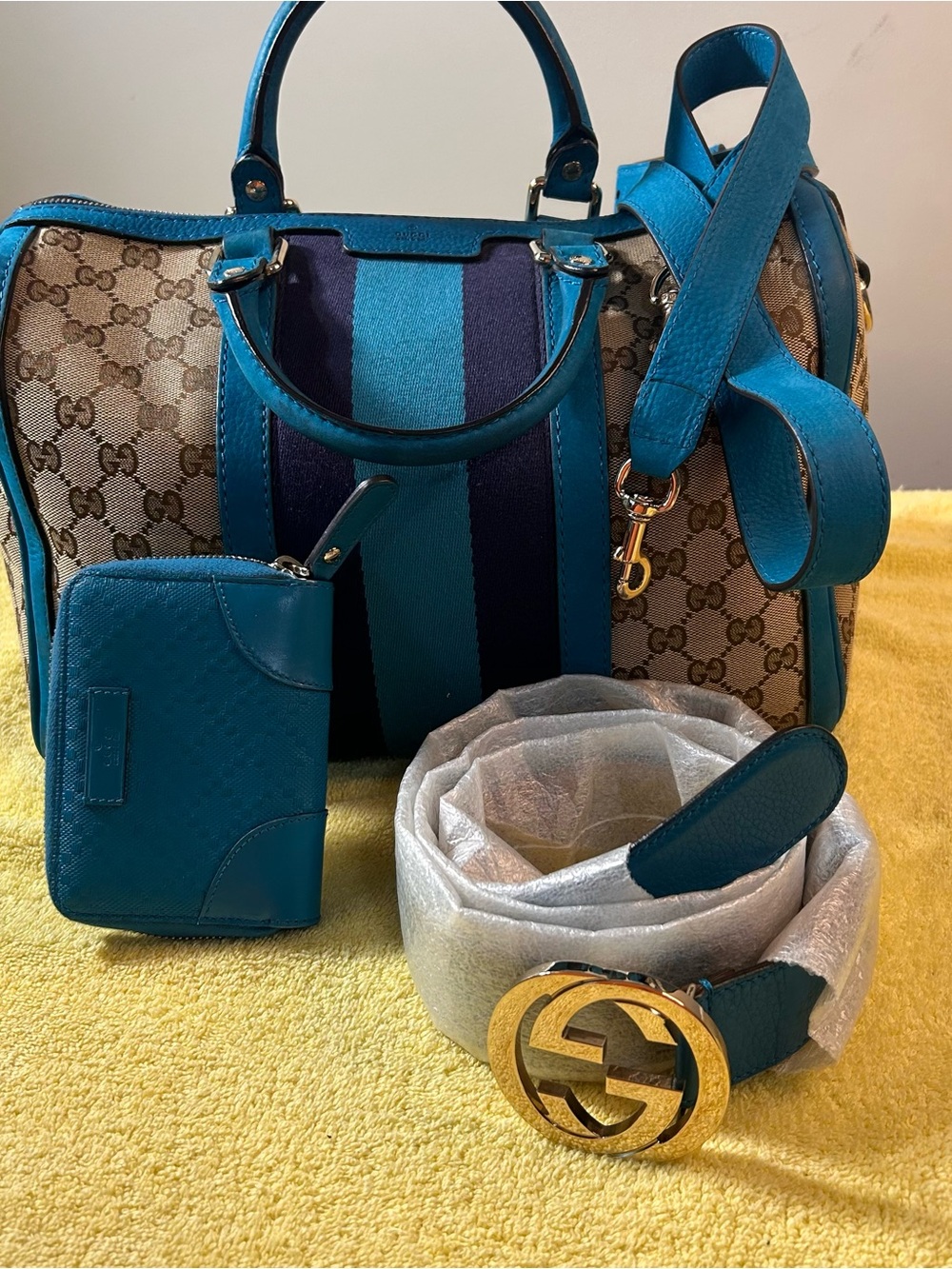Gucci Teal and Navy GG Canvas Top-Handle Bag with Wallet & Gold Buckle Belt